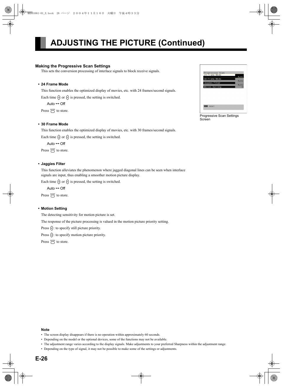 E-26), E-26, Adjusting the picture (continued) | FUJITSU PLASMAVISION P50XHA40U User Manual | Page 40 / 50