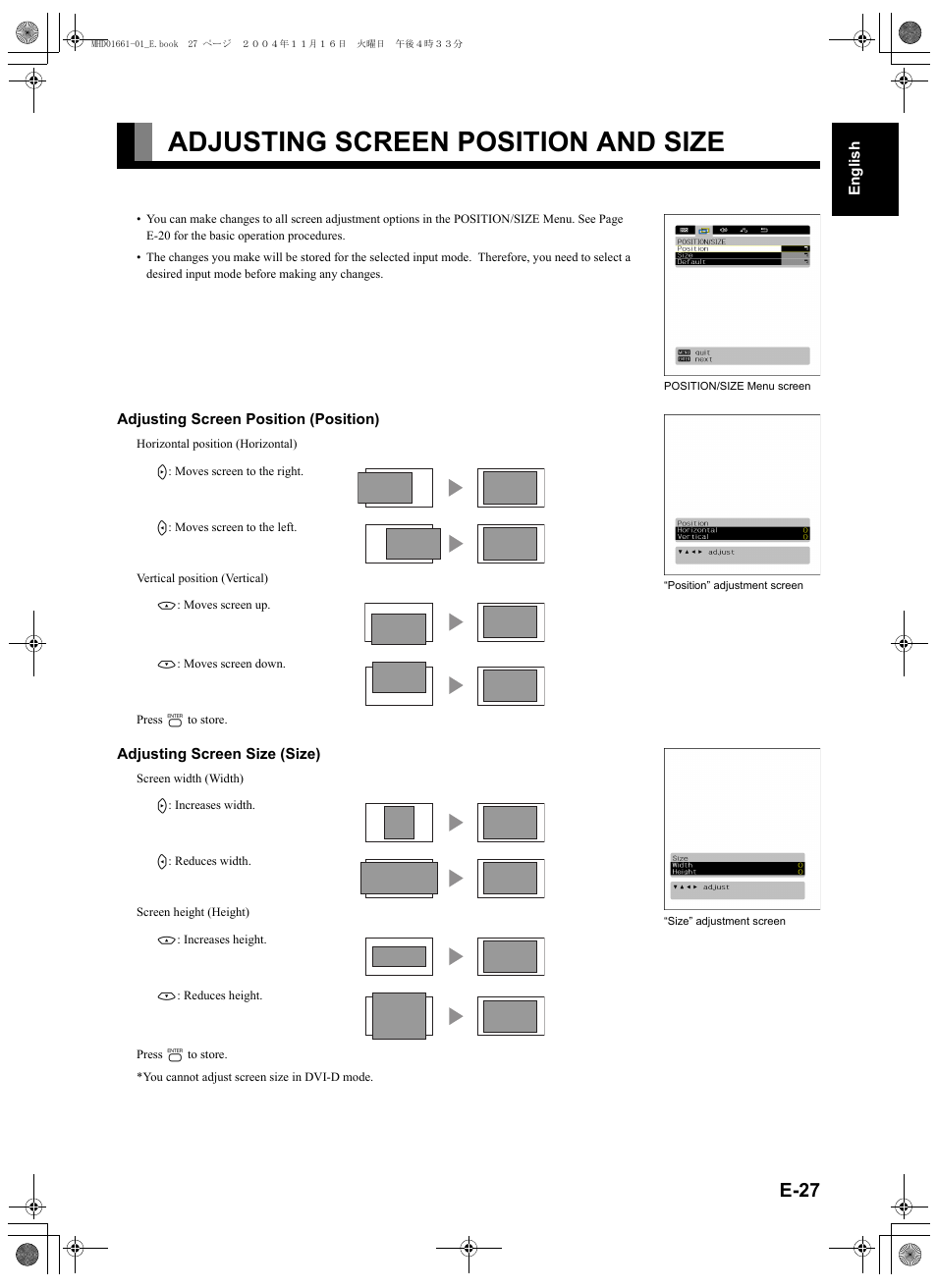 Adjusting screen position and size, Adjusting screen position and size ...........e-27, E-27) | E-27 | FUJITSU PLASMAVISION P50XHA40U User Manual | Page 41 / 50