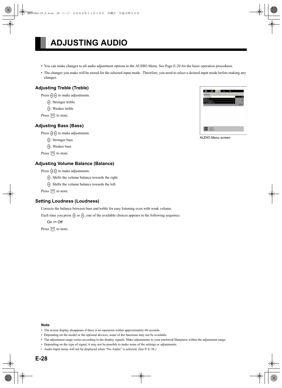 Adjusting audio, E-28), E-28 | FUJITSU PLASMAVISION P50XHA40U User Manual | Page 42 / 50