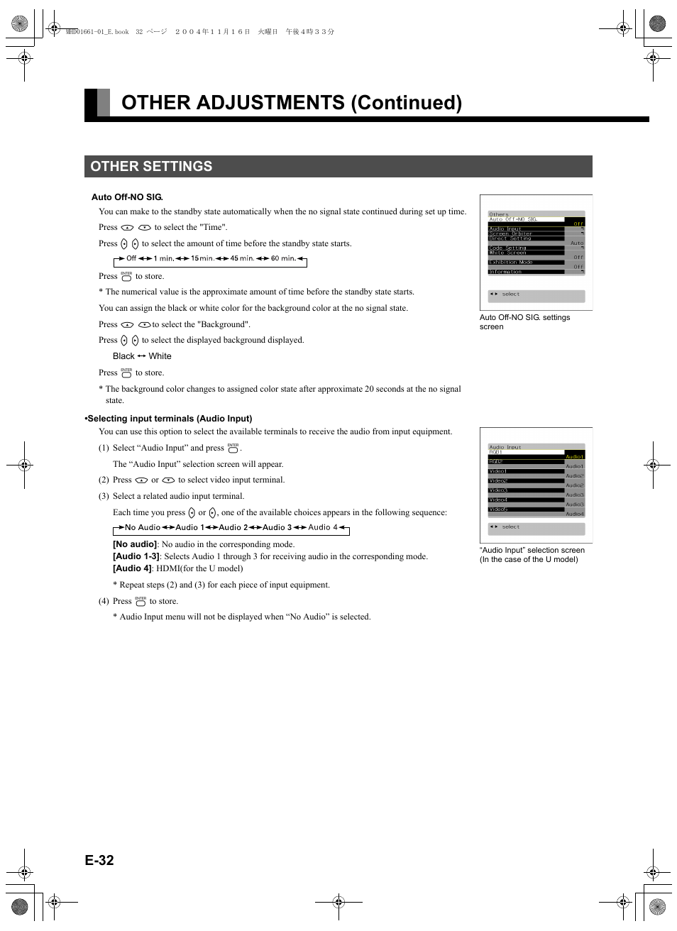 Other settings, E-32), E-32–e-34.) | Other adjustments (continued), E-32 | FUJITSU PLASMAVISION P50XHA40U User Manual | Page 46 / 50