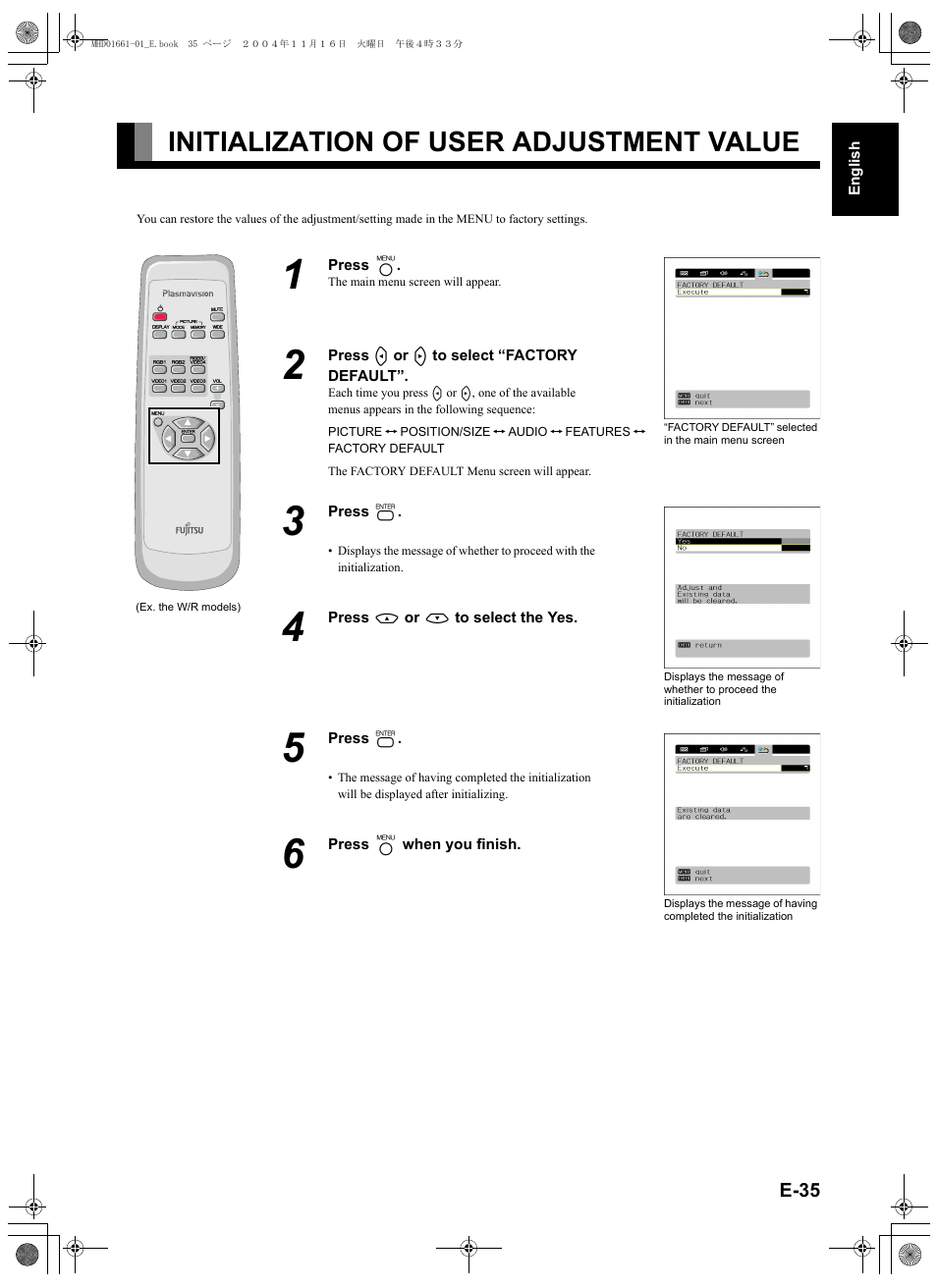Initialization of user adjustment value, Initialization of user adjustment value ..e-35, E-35 | E-35) | FUJITSU PLASMAVISION P50XHA40U User Manual | Page 49 / 50