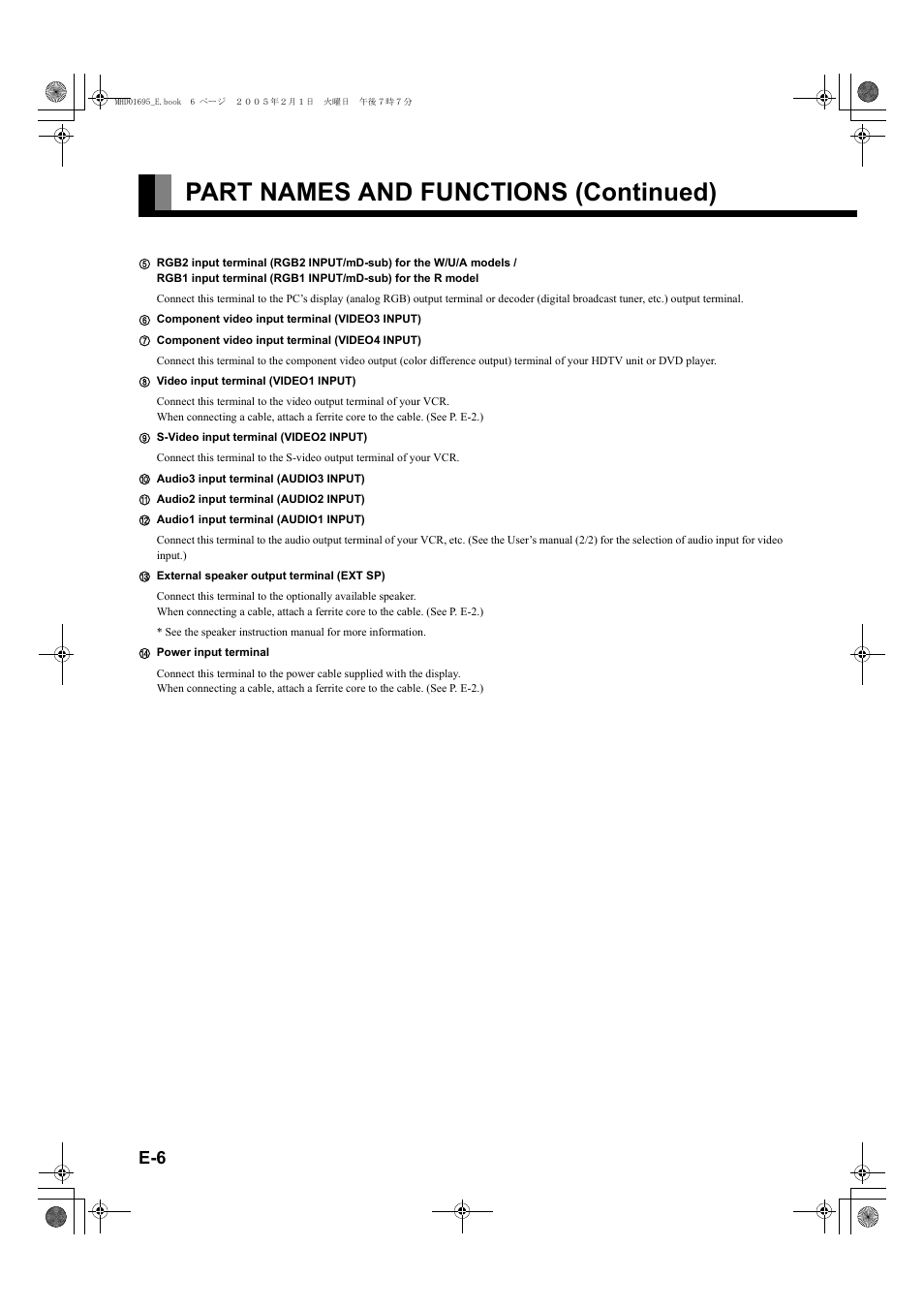 Part names and functions (continued) | FUJITSU PLASMAVISION P50XHA40U User Manual | Page 6 / 50