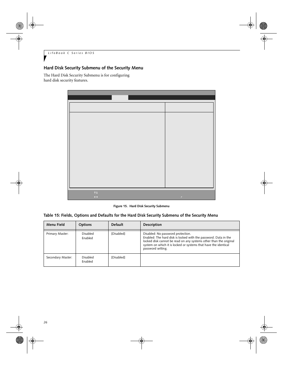 Hard disk security submenu of the security menu | FUJITSU C-7661 User Manual | Page 26 / 36