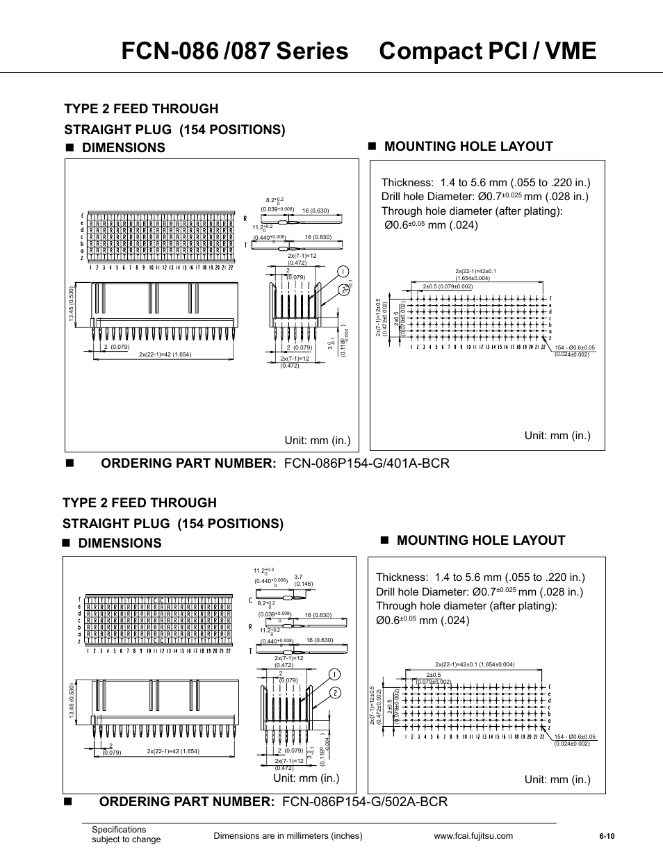 Ndimensions n mounting hole layout, Straight plug (154 positions), Straight plug (154 positions) type 2 feed through | Mm (.024), Unit: mm (in.), Mm (.024) unit: mm (in.) | FUJITSU FCN-087 User Manual | Page 10 / 18