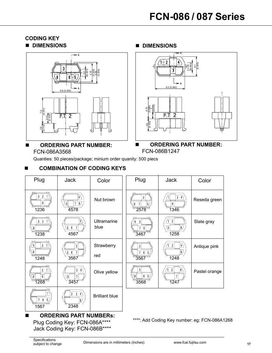 Coding key n dimensions n ordering part number, Nordering part numbers: plug coding key: fcn-086a, Color jack | Plug | FUJITSU FCN-087 User Manual | Page 17 / 18