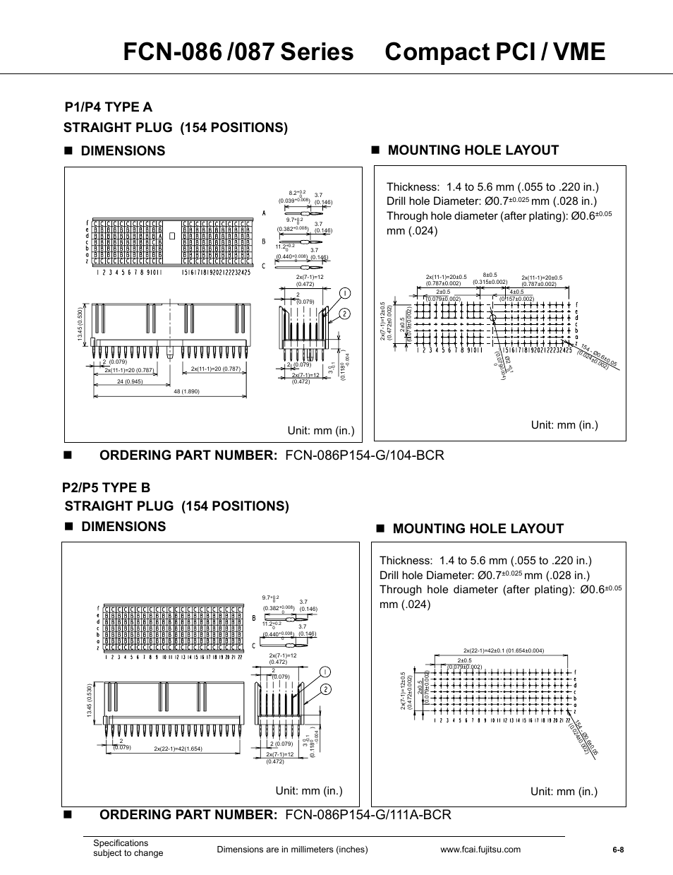 P/p type a p2/p5 type b, Mm (.024), Unit: mm (in.) | Mm (.024) unit: mm (in.) | FUJITSU FCN-087 User Manual | Page 8 / 18