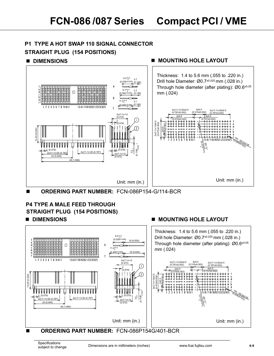 Ndimensions n mounting hole layout, Straight plug (154 positions), Mm (.024) | Unit: mm (in.), Mm (.024) unit: mm (in.) | FUJITSU FCN-087 User Manual | Page 9 / 18