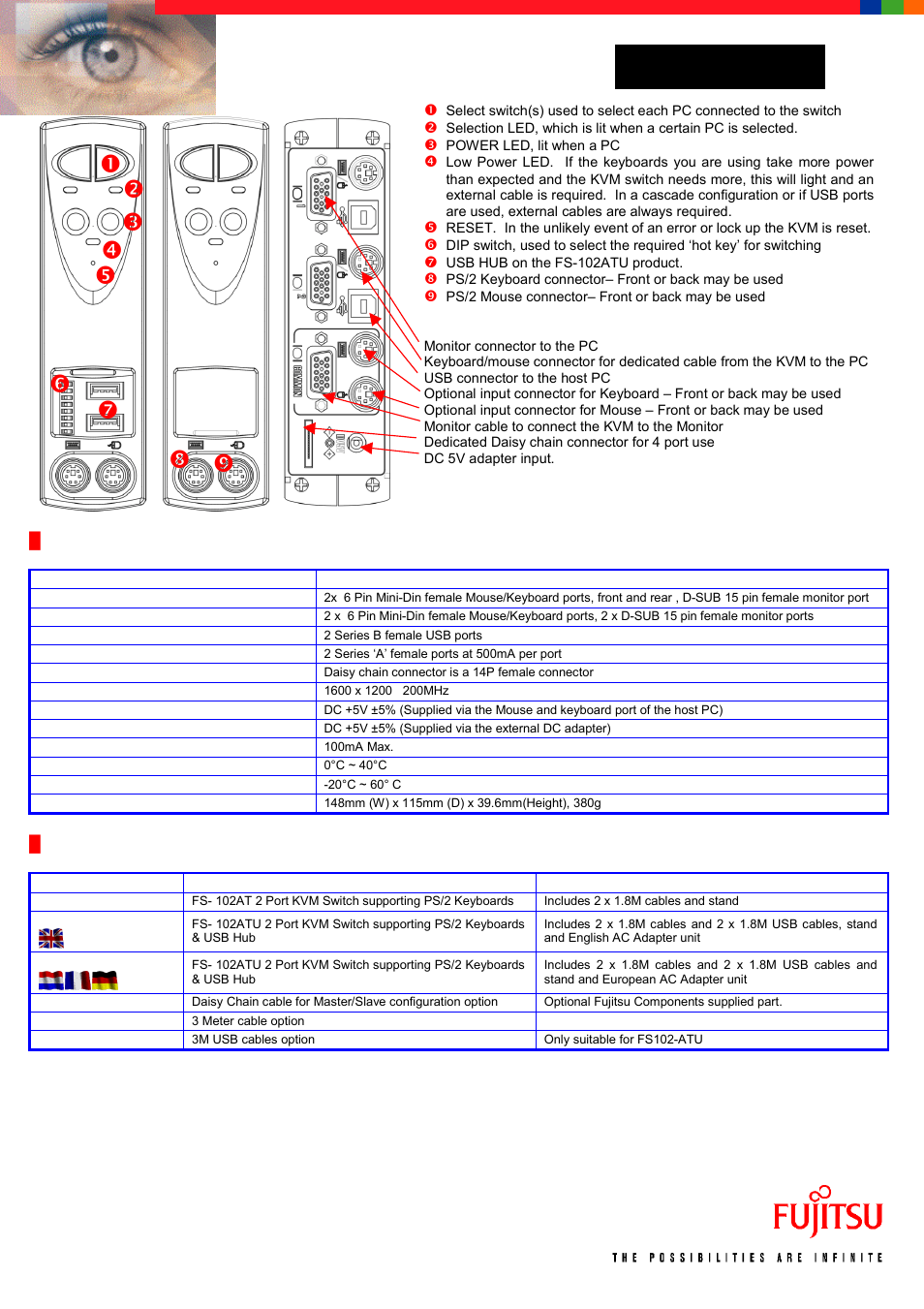 Specification details, Accessories and cables | FUJITSU FS-102AT User Manual | Page 3 / 3