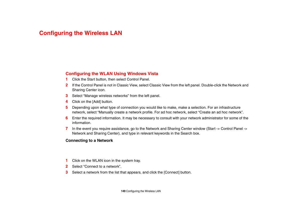 Configuring the wireless lan, Configuring the wlan using windows vista | FUJITSU LIFEBOOK U810 User Manual | Page 149 / 176