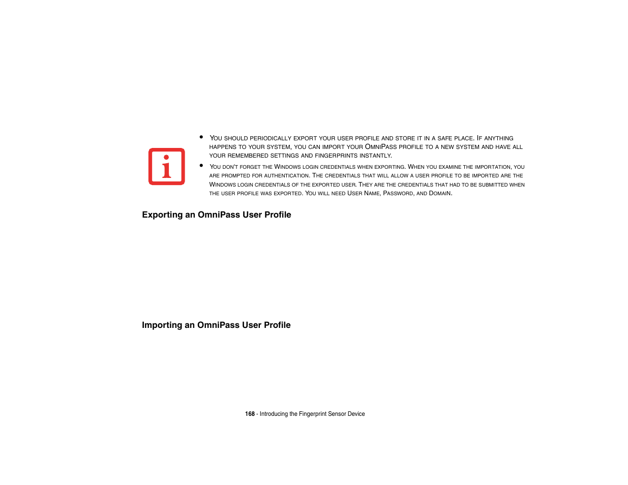 Exporting an omnipass user profile, Importing an omnipass user profile | FUJITSU LIFEBOOK U810 User Manual | Page 168 / 176