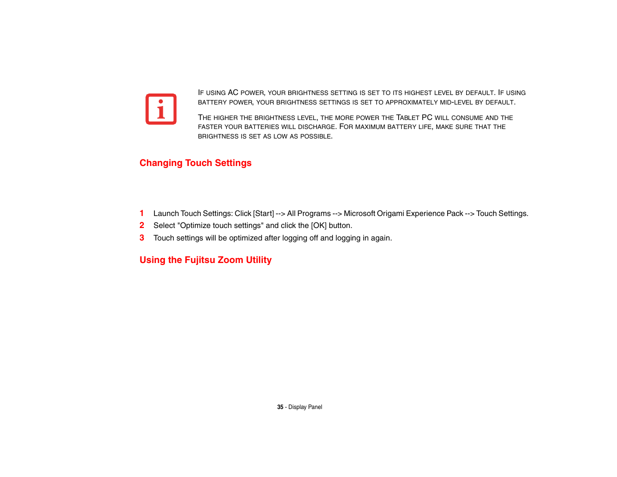 Changing touch settings, Using the fujitsu zoom utility | FUJITSU LIFEBOOK U810 User Manual | Page 35 / 176