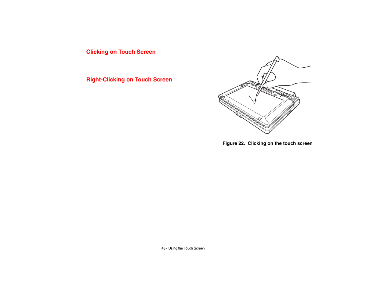 Clicking on touch screen, Right-clicking on touch screen | FUJITSU LIFEBOOK U810 User Manual | Page 45 / 176