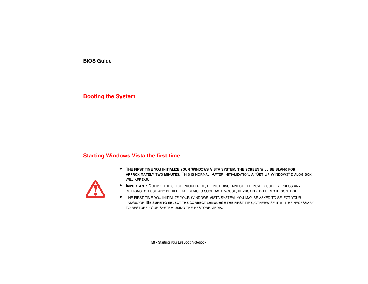 Booting the system, Starting windows vista the first time, Bios guide | FUJITSU LIFEBOOK U810 User Manual | Page 59 / 176