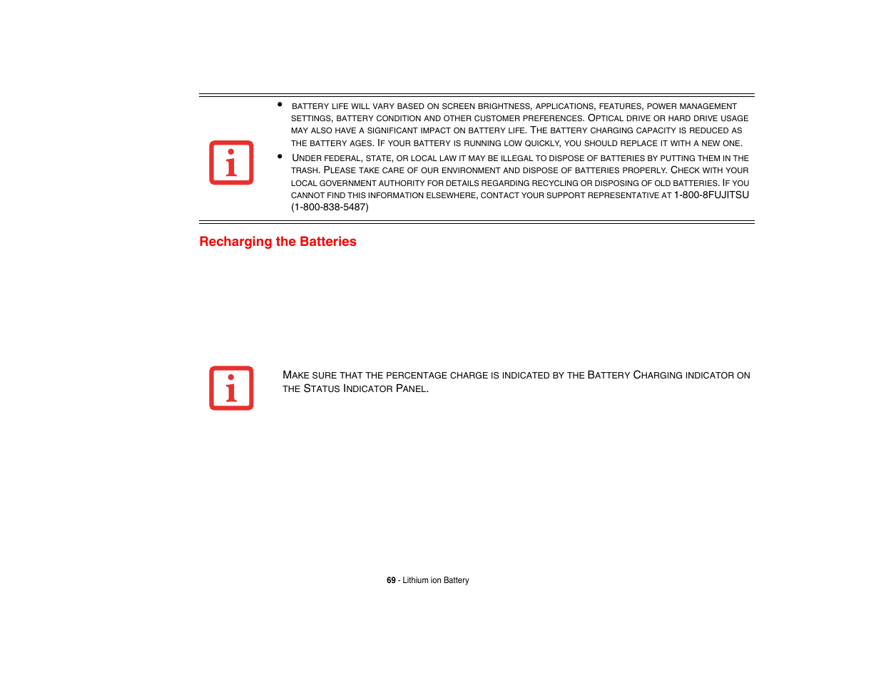 Recharging the batteries | FUJITSU LIFEBOOK U810 User Manual | Page 69 / 176