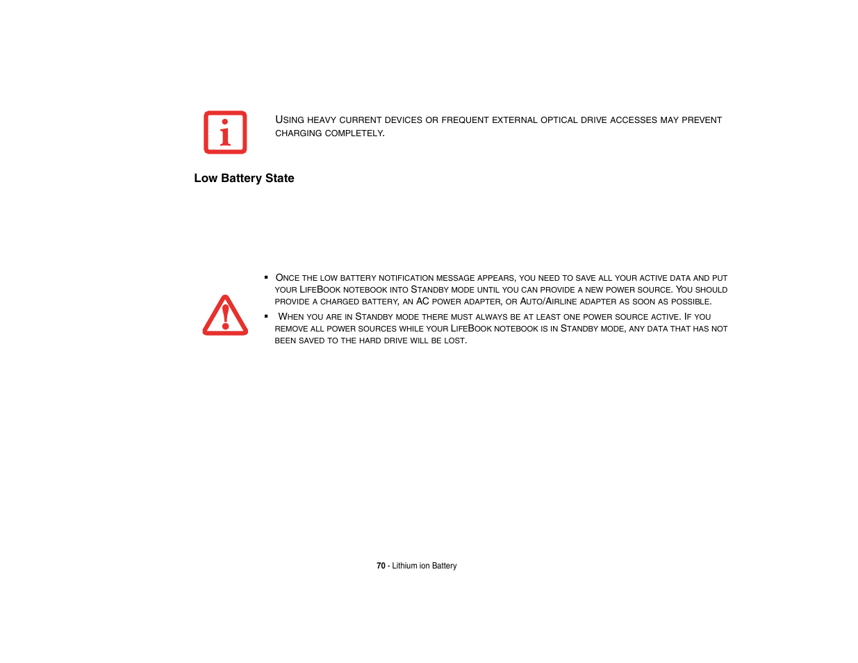 Low battery state | FUJITSU LIFEBOOK U810 User Manual | Page 70 / 176
