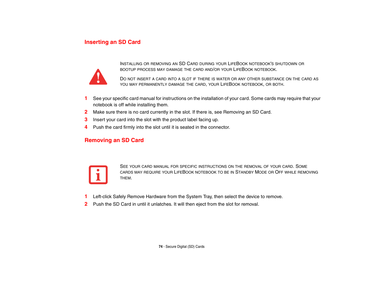 Inserting an sd card, Removing an sd card, Inserting/removing an sd card | FUJITSU LIFEBOOK U810 User Manual | Page 74 / 176