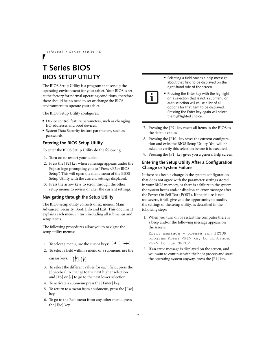 T series bios, Bios setup utility | FUJITSU T4020 User Manual | Page 2 / 29