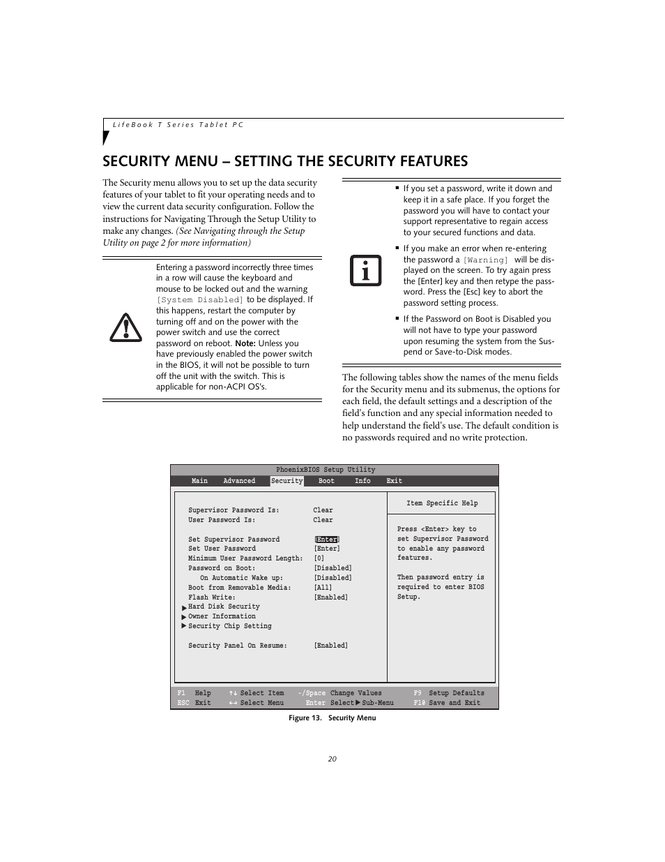 Security menu – setting the security features | FUJITSU T4020 User Manual | Page 20 / 29