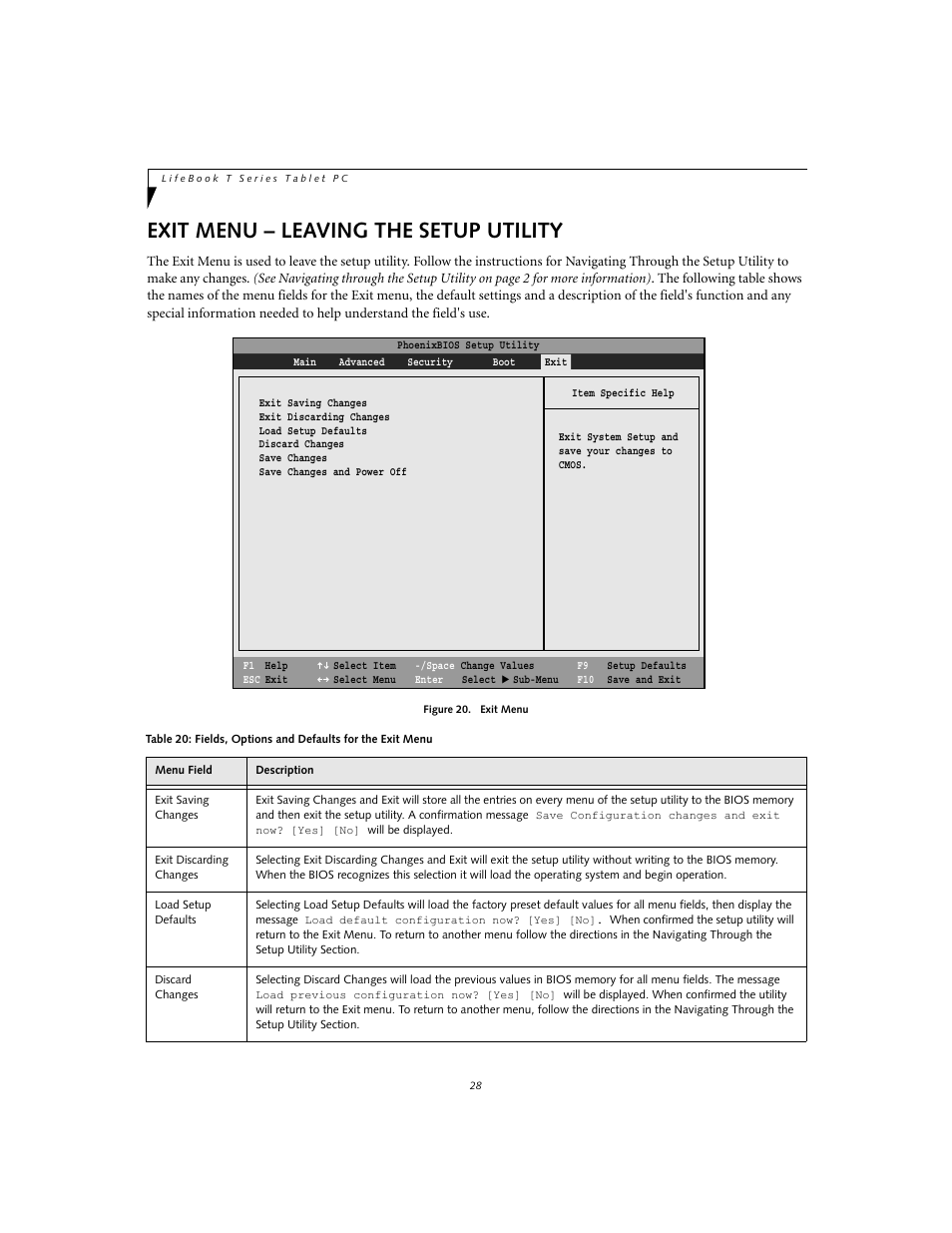 Exit menu – leaving the setup utility | FUJITSU T4020 User Manual | Page 28 / 29