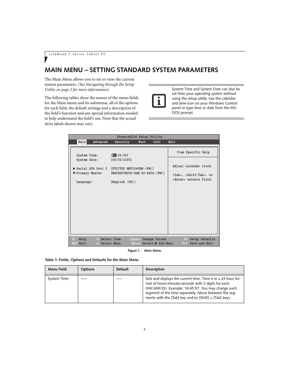 Main menu – setting standard system parameters | FUJITSU T4020 User Manual | Page 4 / 29