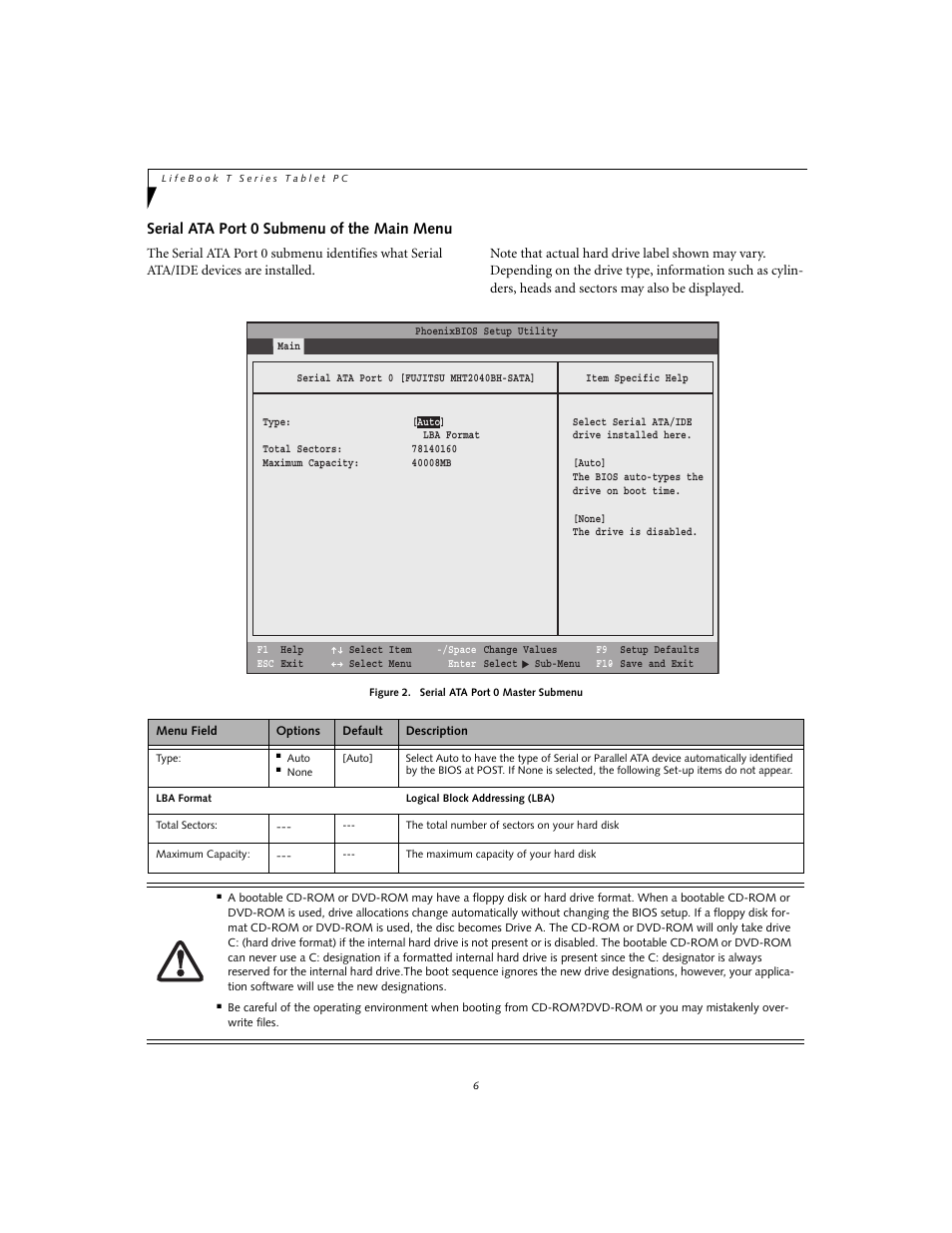 Serial ata port 0 submenu of the main menu | FUJITSU T4020 User Manual | Page 6 / 29