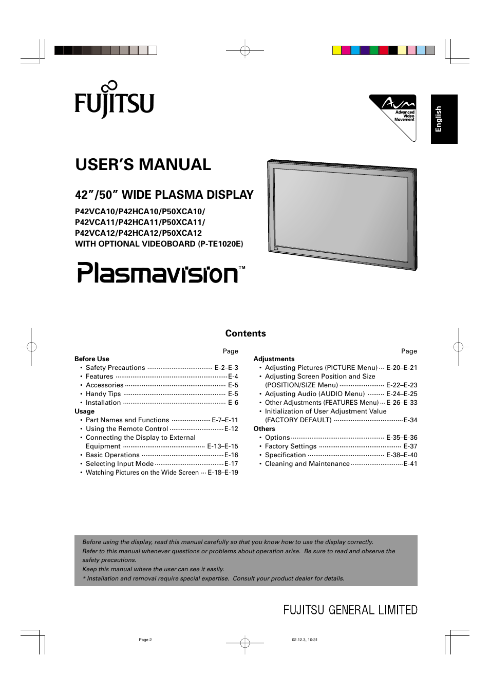 FUJITSU P42HCA10 User Manual | 41 pages