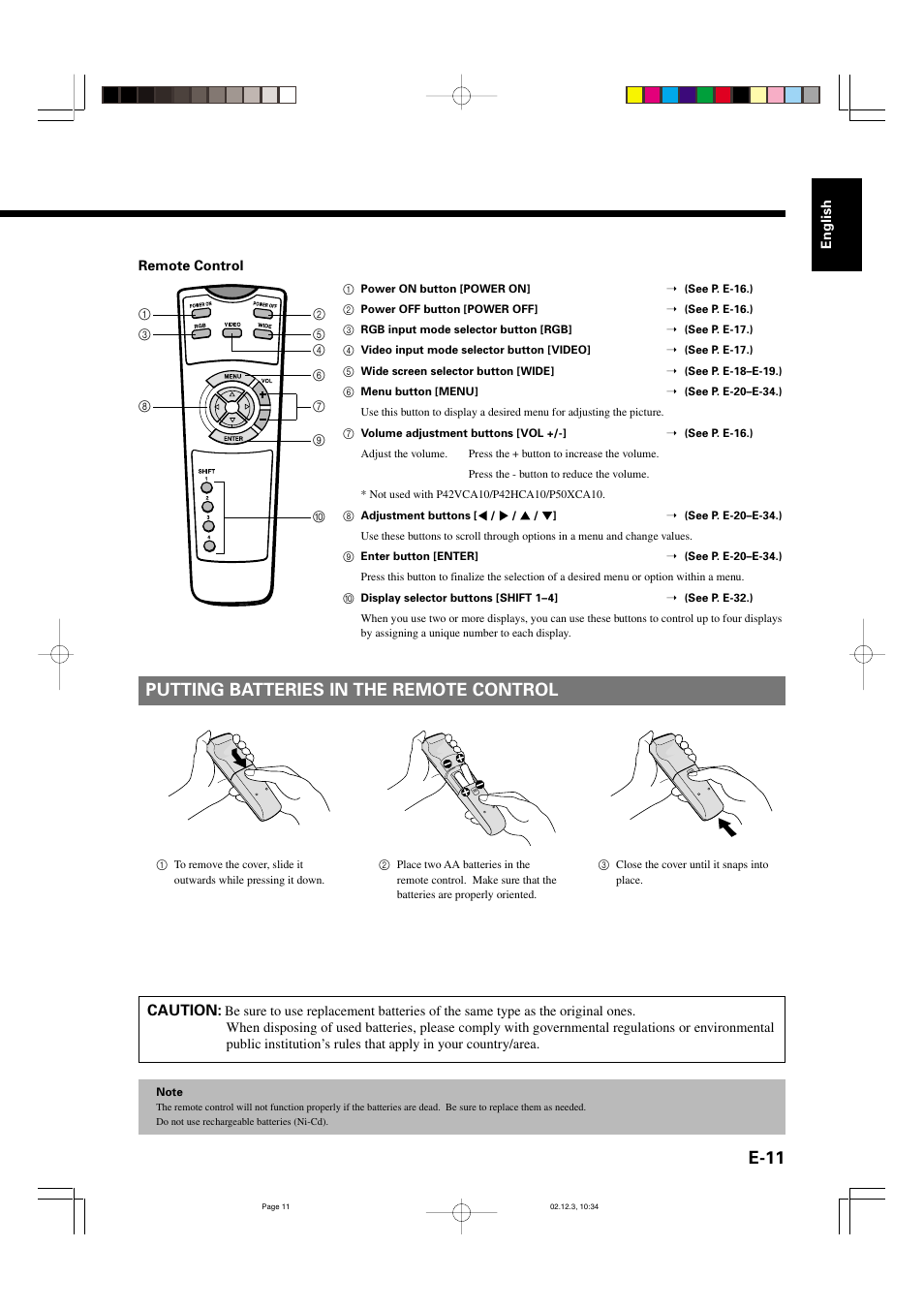 E-11, Putting batteries in the remote control | FUJITSU P42HCA10 User Manual | Page 11 / 41