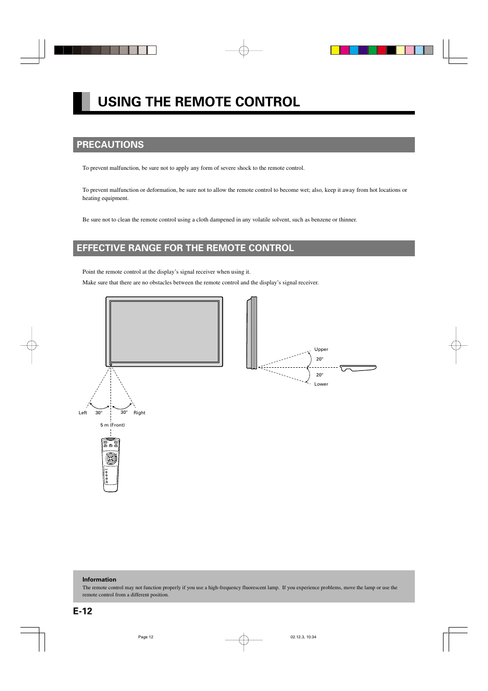 Using the remote control, E-12 precautions, Effective range for the remote control | FUJITSU P42HCA10 User Manual | Page 12 / 41