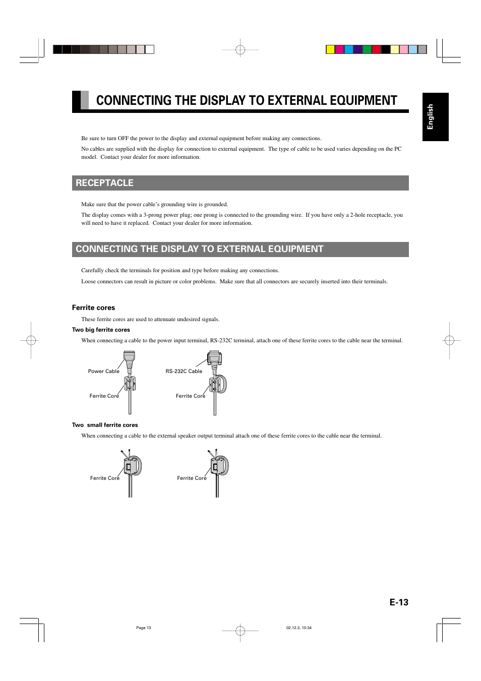 E-13, Receptacle, Connecting the display to external equipment | FUJITSU P42HCA10 User Manual | Page 13 / 41