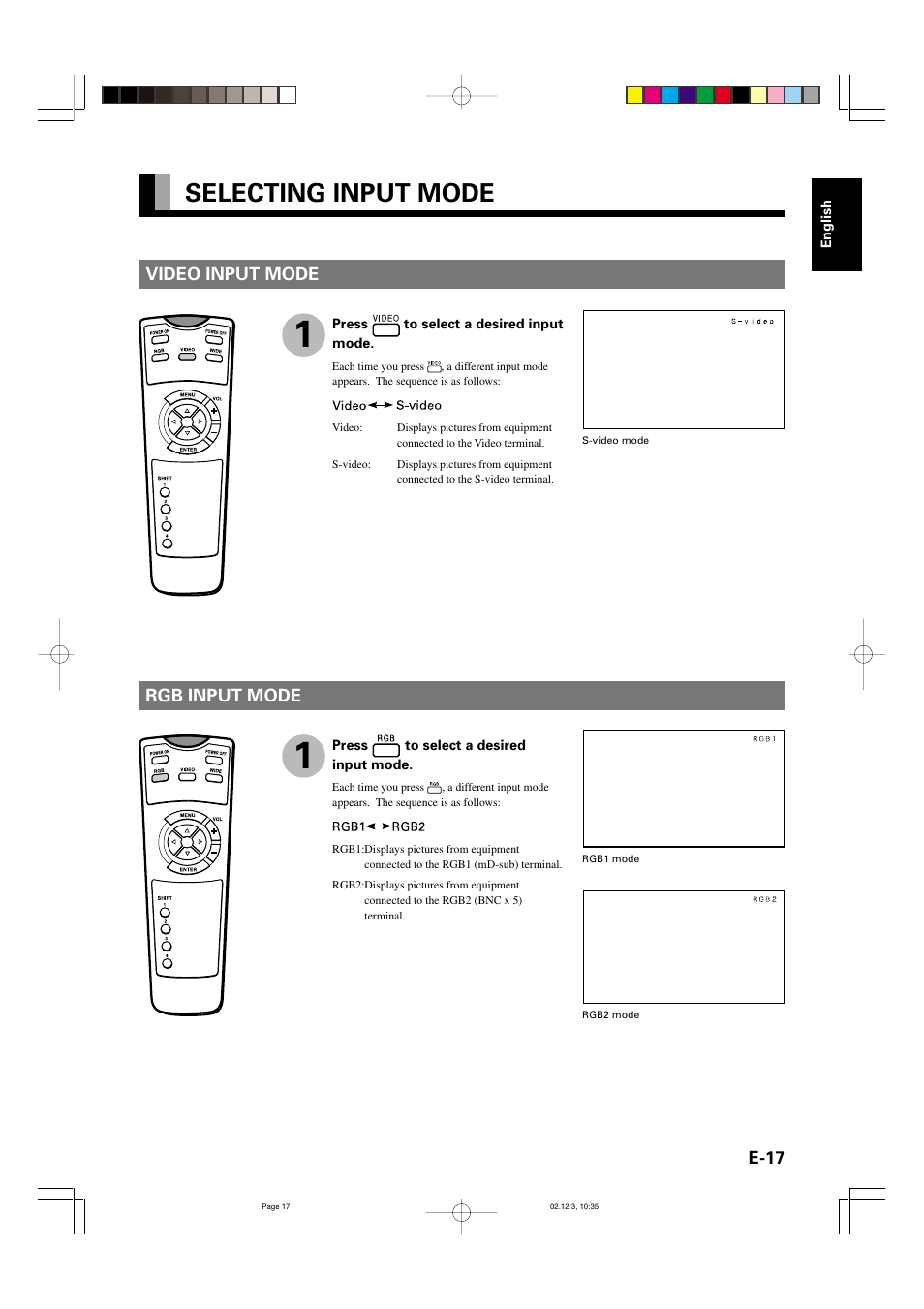 Selecting input mode, E-17, Video input mode rgb input mode | FUJITSU P42HCA10 User Manual | Page 17 / 41