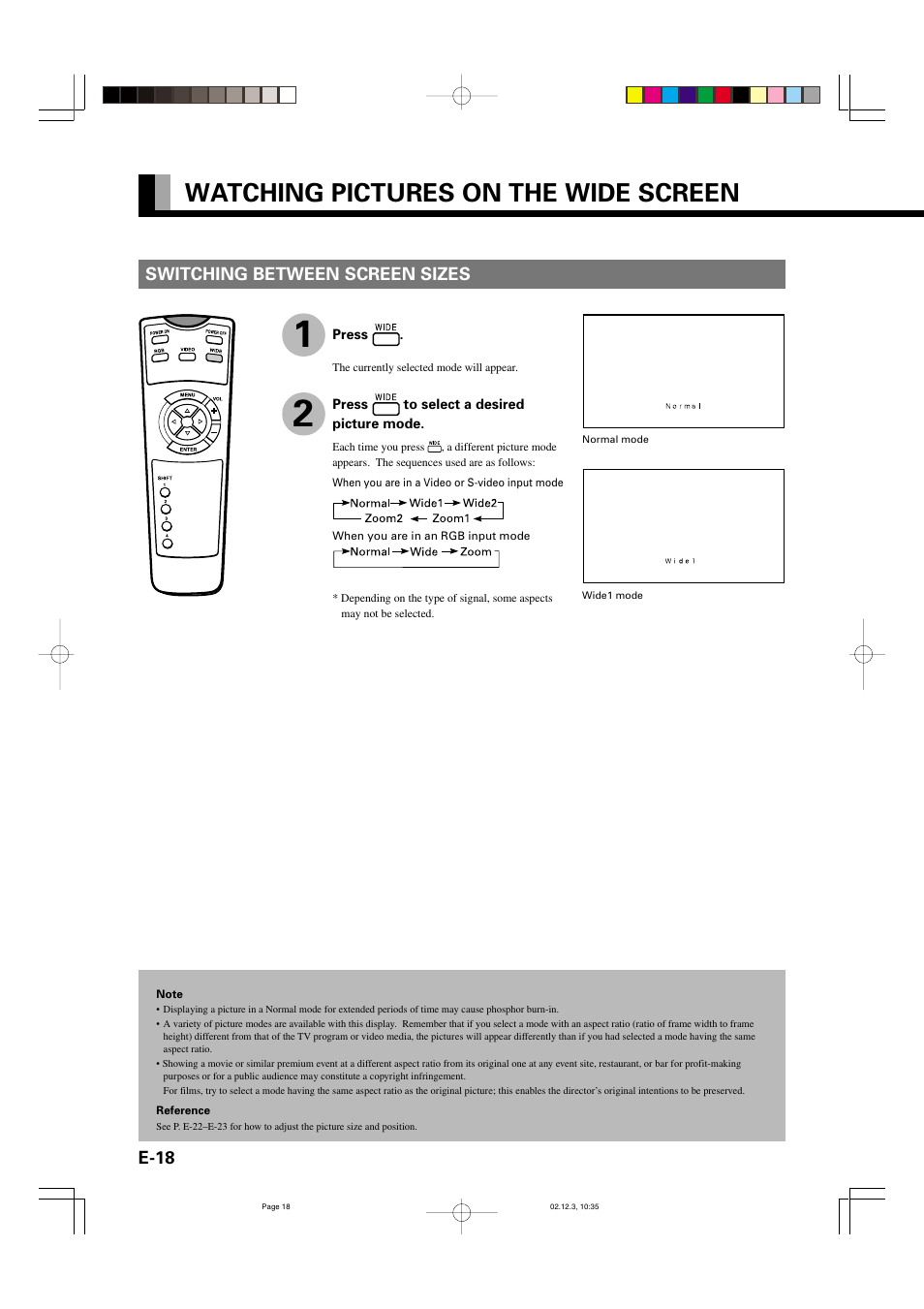 Watching pictures on the wide screen, E-18, Switching between screen sizes | FUJITSU P42HCA10 User Manual | Page 18 / 41