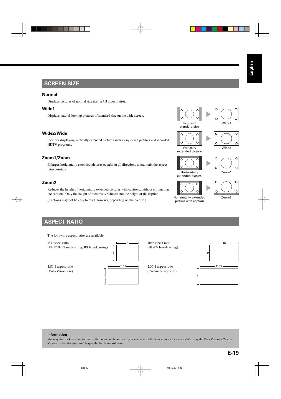 E-19, Screen size aspect ratio | FUJITSU P42HCA10 User Manual | Page 19 / 41