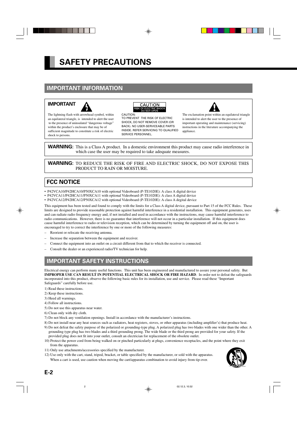 Safety precautions, Important information, Fcc notice | Important safety instructions | FUJITSU P42HCA10 User Manual | Page 2 / 41