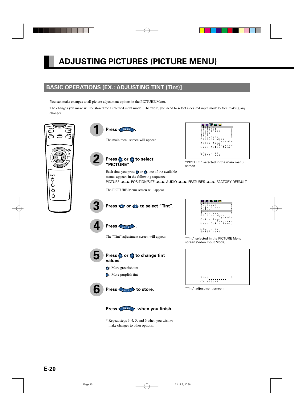 Adjusting pictures (picture menu) | FUJITSU P42HCA10 User Manual | Page 20 / 41
