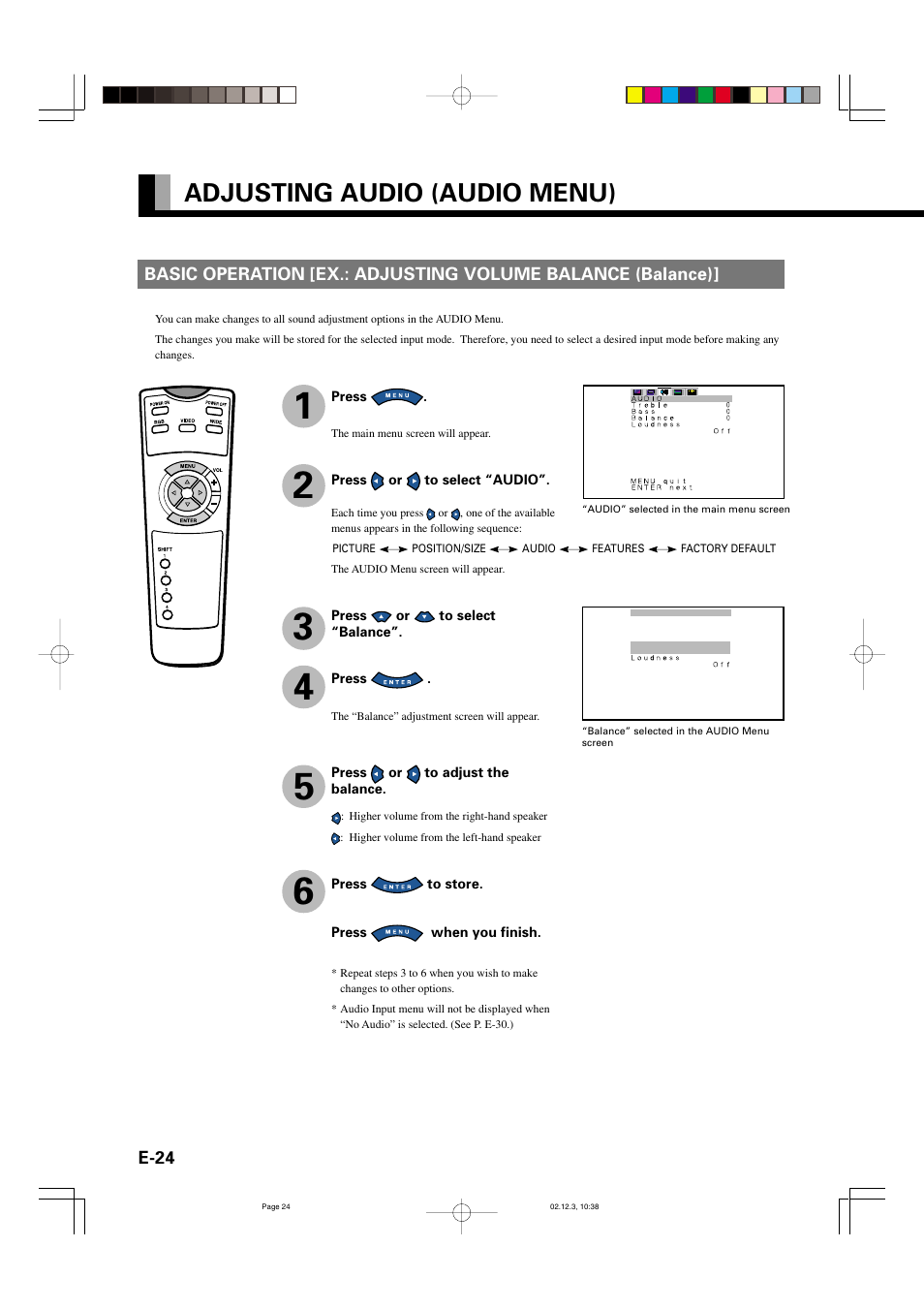 Adjusting audio (audio menu) | FUJITSU P42HCA10 User Manual | Page 24 / 41