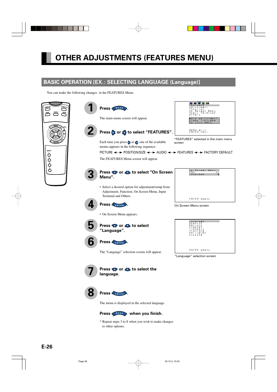 Other adjustments (features menu) | FUJITSU P42HCA10 User Manual | Page 26 / 41
