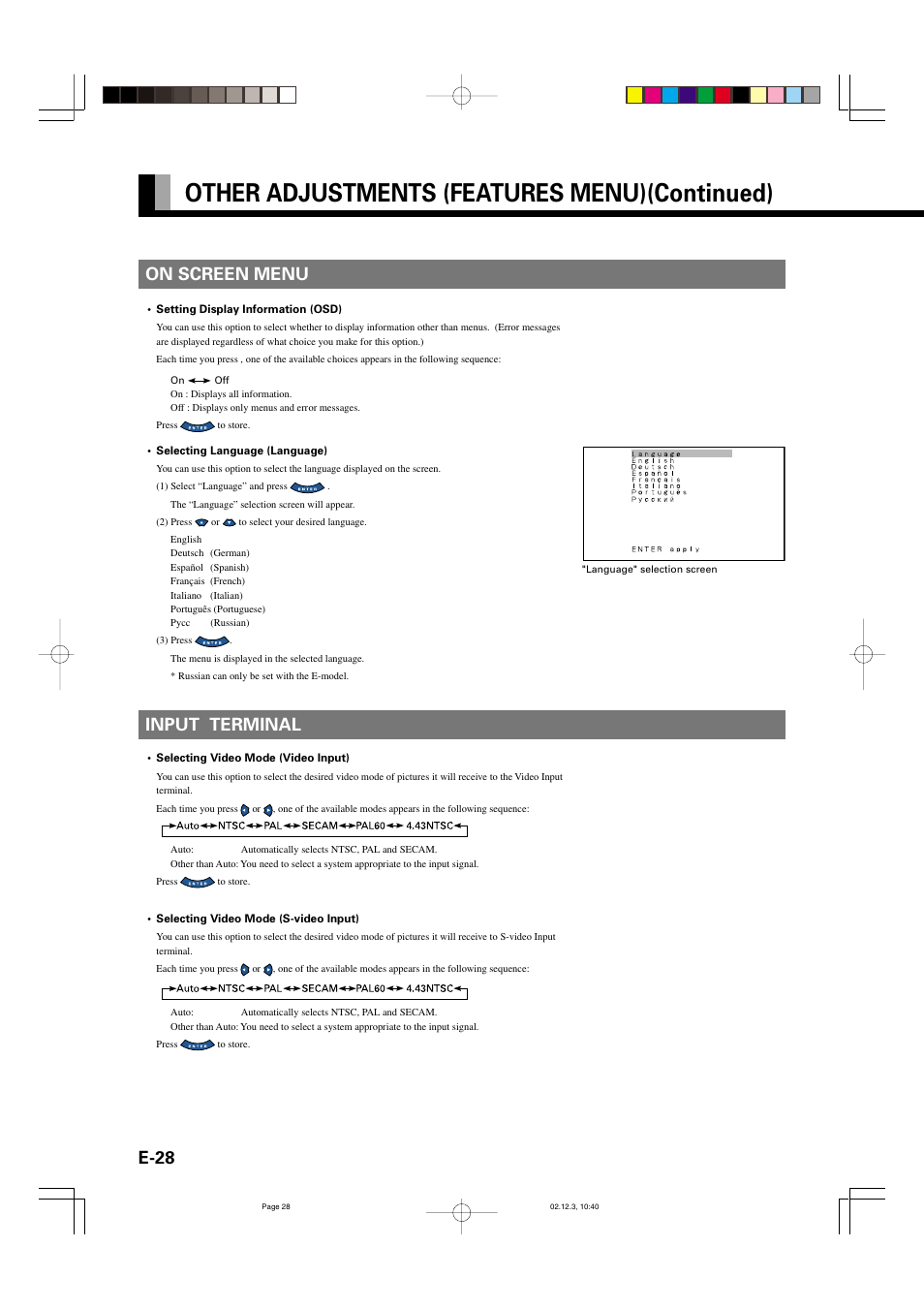 Other adjustments (features menu)(continued), E-28, On screen menu | Input terminal | FUJITSU P42HCA10 User Manual | Page 28 / 41