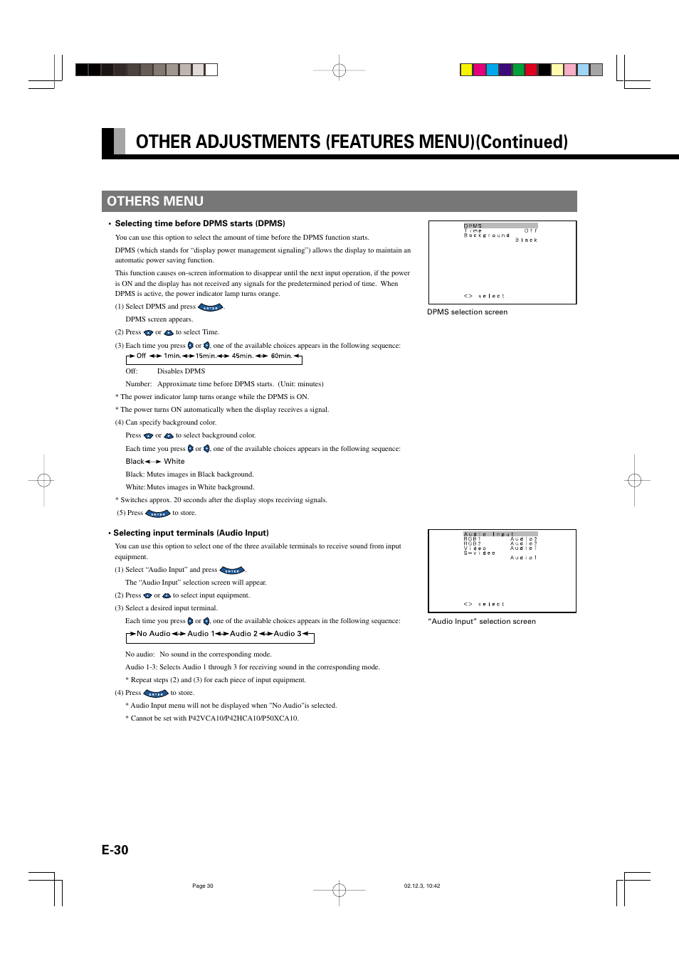 Other adjustments (features menu)(continued), E-30, Others menu | FUJITSU P42HCA10 User Manual | Page 30 / 41