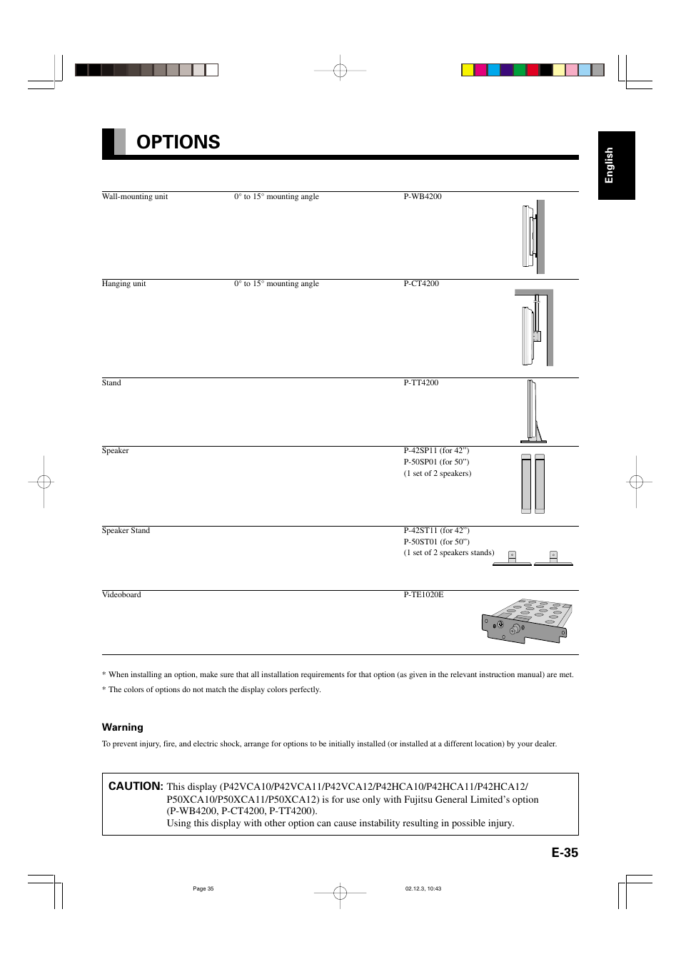 Options, E-35 | FUJITSU P42HCA10 User Manual | Page 35 / 41