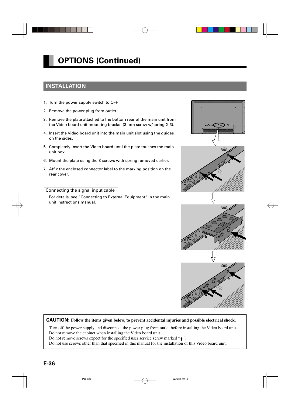 Options (continued), E-36 installation | FUJITSU P42HCA10 User Manual | Page 36 / 41