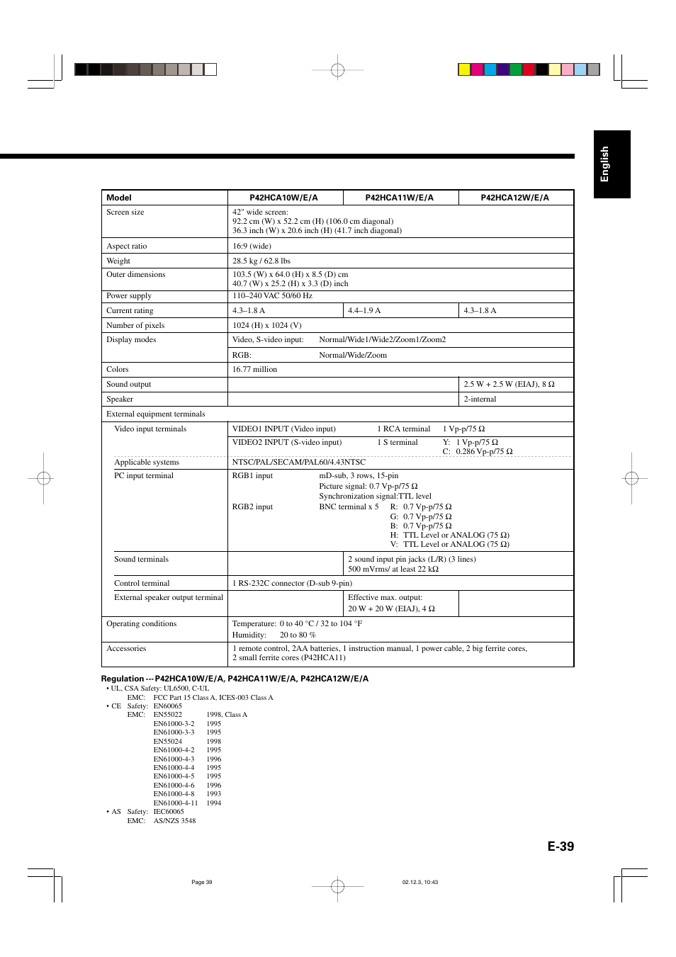 E-39 | FUJITSU P42HCA10 User Manual | Page 39 / 41