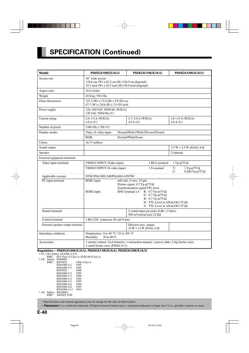 Specification (continued), E-40 | FUJITSU P42HCA10 User Manual | Page 40 / 41