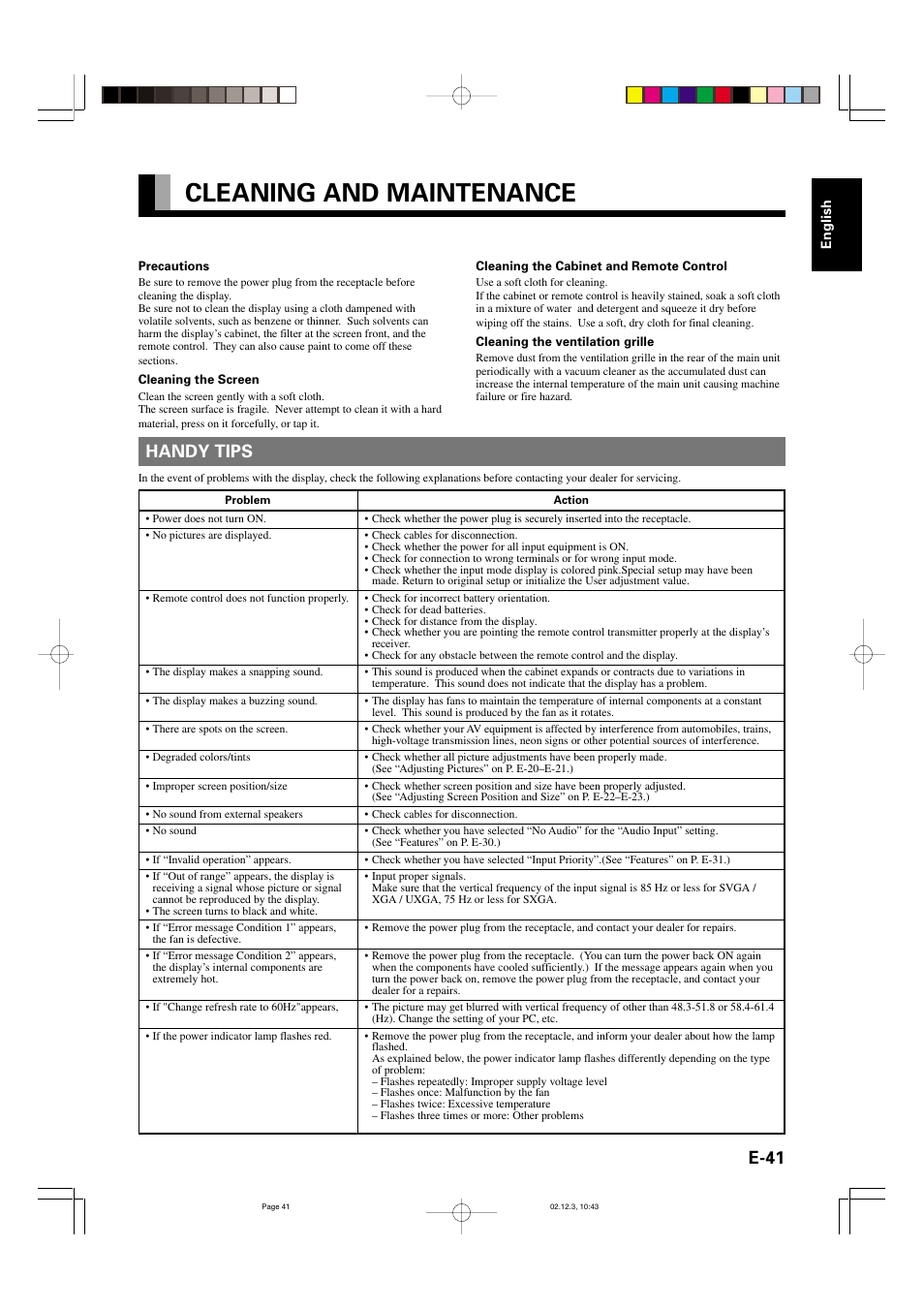 Cleaning and maintenance, E-41, Handy tips | FUJITSU P42HCA10 User Manual | Page 41 / 41