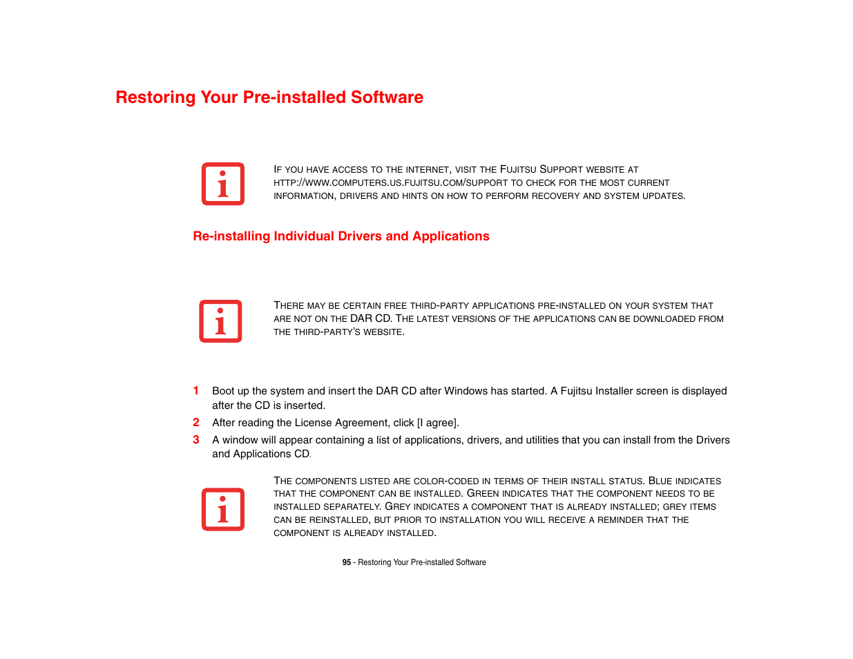 Restoring your pre-installed software, Re-installing individual drivers and applications | FUJITSU V1010 User Manual | Page 100 / 162