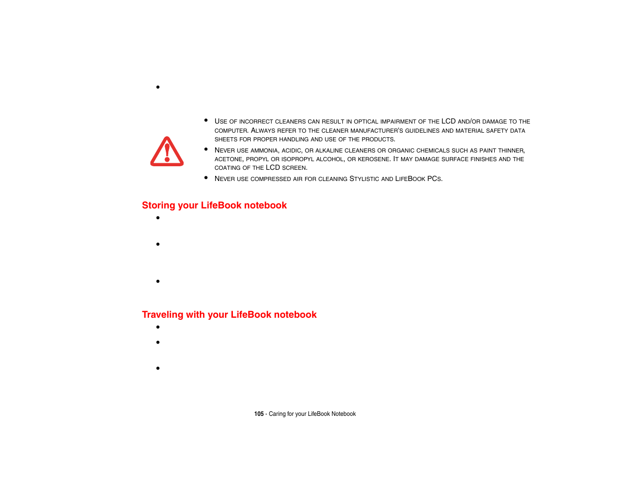 Storing your lifebook notebook, Traveling with your lifebook notebook | FUJITSU V1010 User Manual | Page 110 / 162