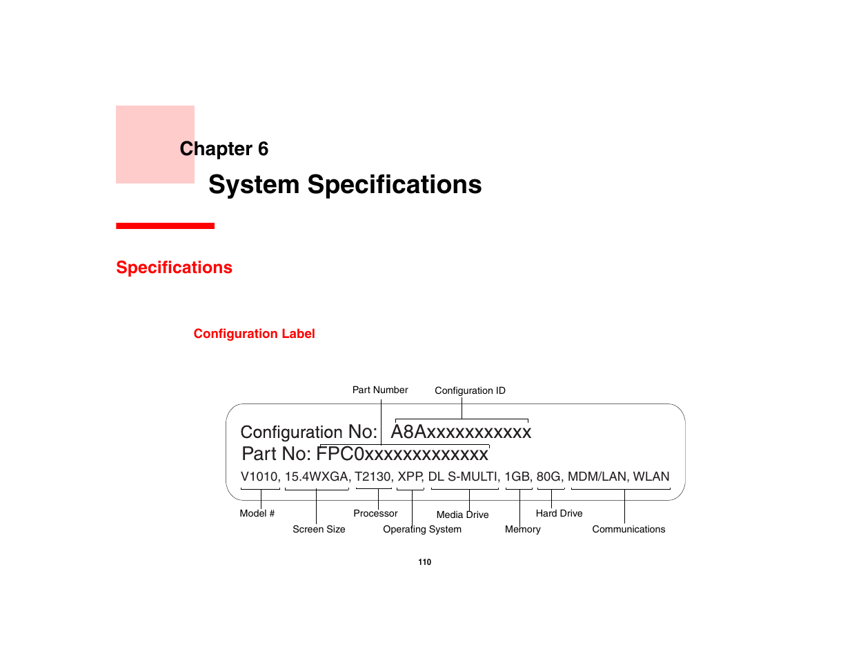 System specifications, Specifications, Configuration label | Chapter 6 | FUJITSU V1010 User Manual | Page 115 / 162