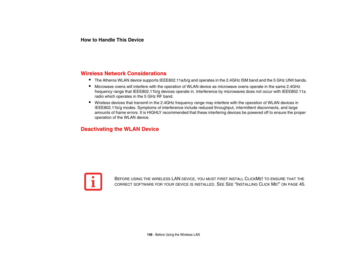 Wireless network considerations, Deactivating the wlan device | FUJITSU V1010 User Manual | Page 151 / 162