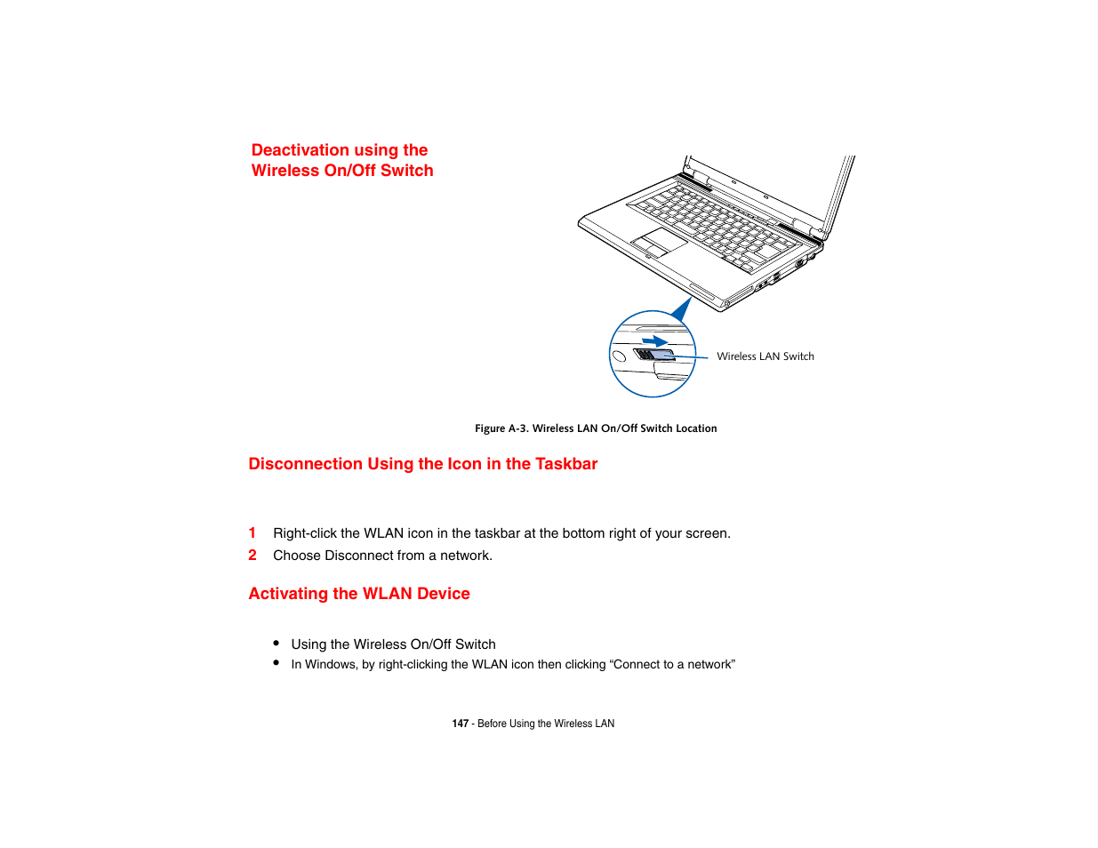 Deactivation using the wireless on/off switch, Disconnection using the icon in the taskbar, Activating the wlan device | FUJITSU V1010 User Manual | Page 152 / 162