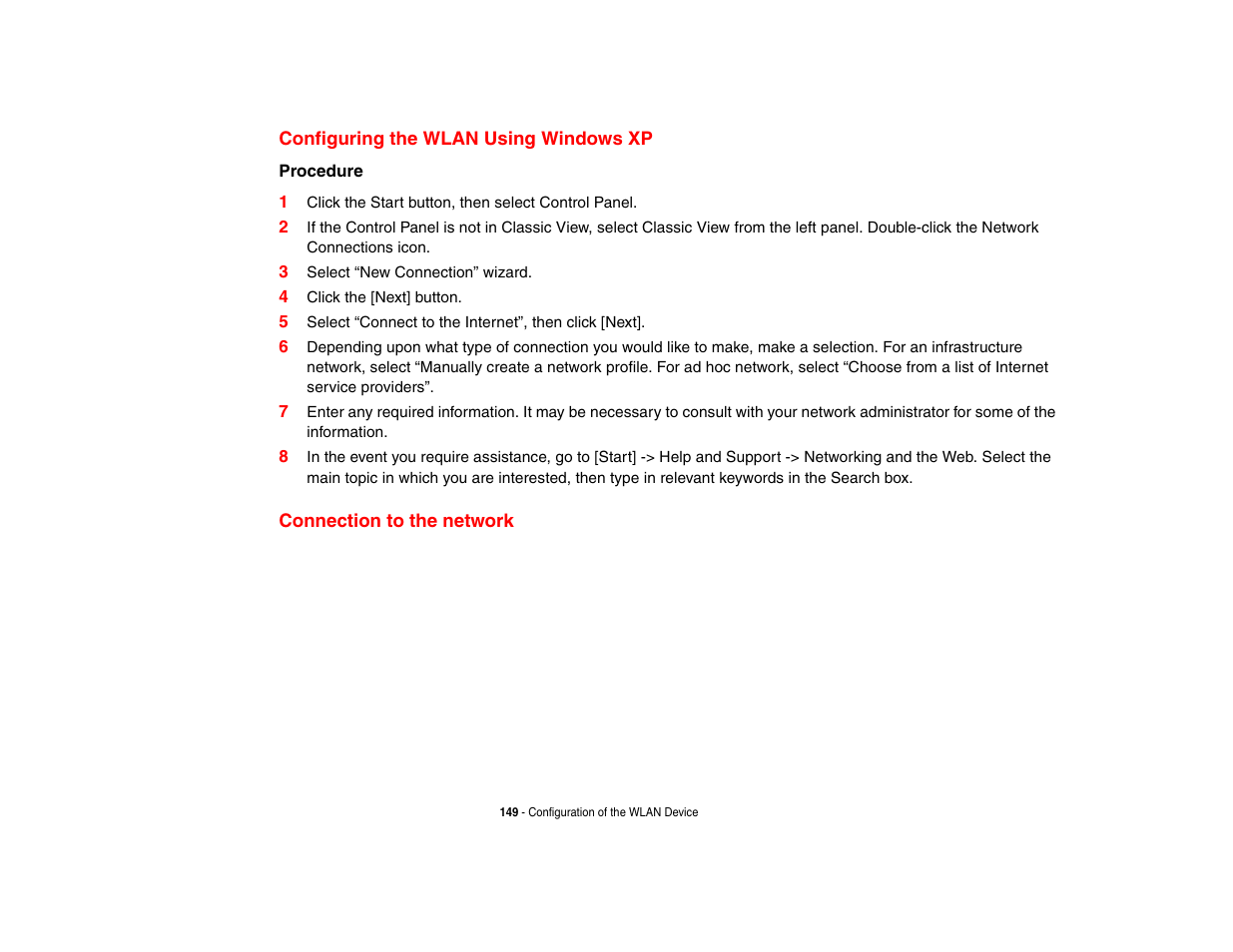 Configuring the wlan using windows xp, Connection to the network | FUJITSU V1010 User Manual | Page 154 / 162