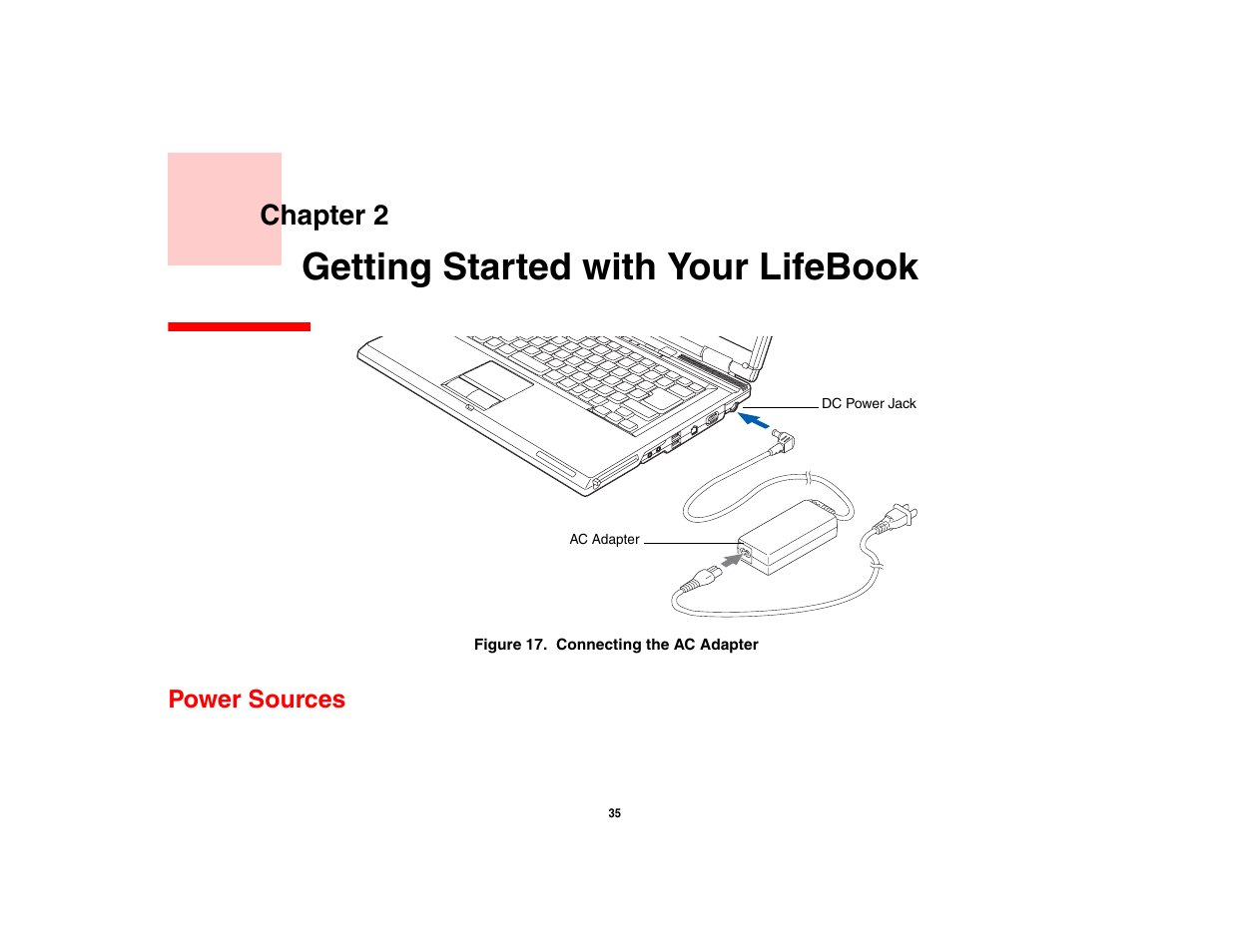 Getting started with your lifebook, Power sources, Chapter 2 | FUJITSU V1010 User Manual | Page 40 / 162